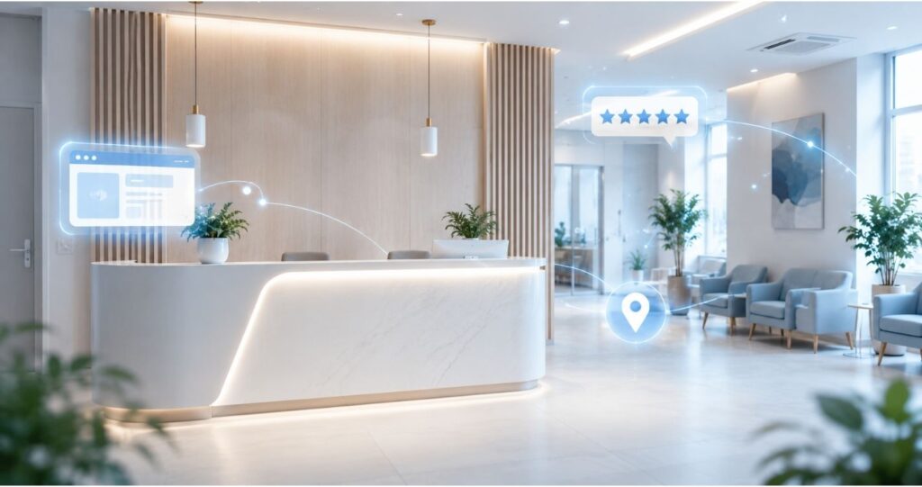 Recepção de clínica médica moderna e organizada, com elementos visuais representando conexão digital, como ícones flutuantes de site, avaliações e perfil online, transmitindo profissionalismo sem exposição de rostos. Representando presença digital para clínicas
