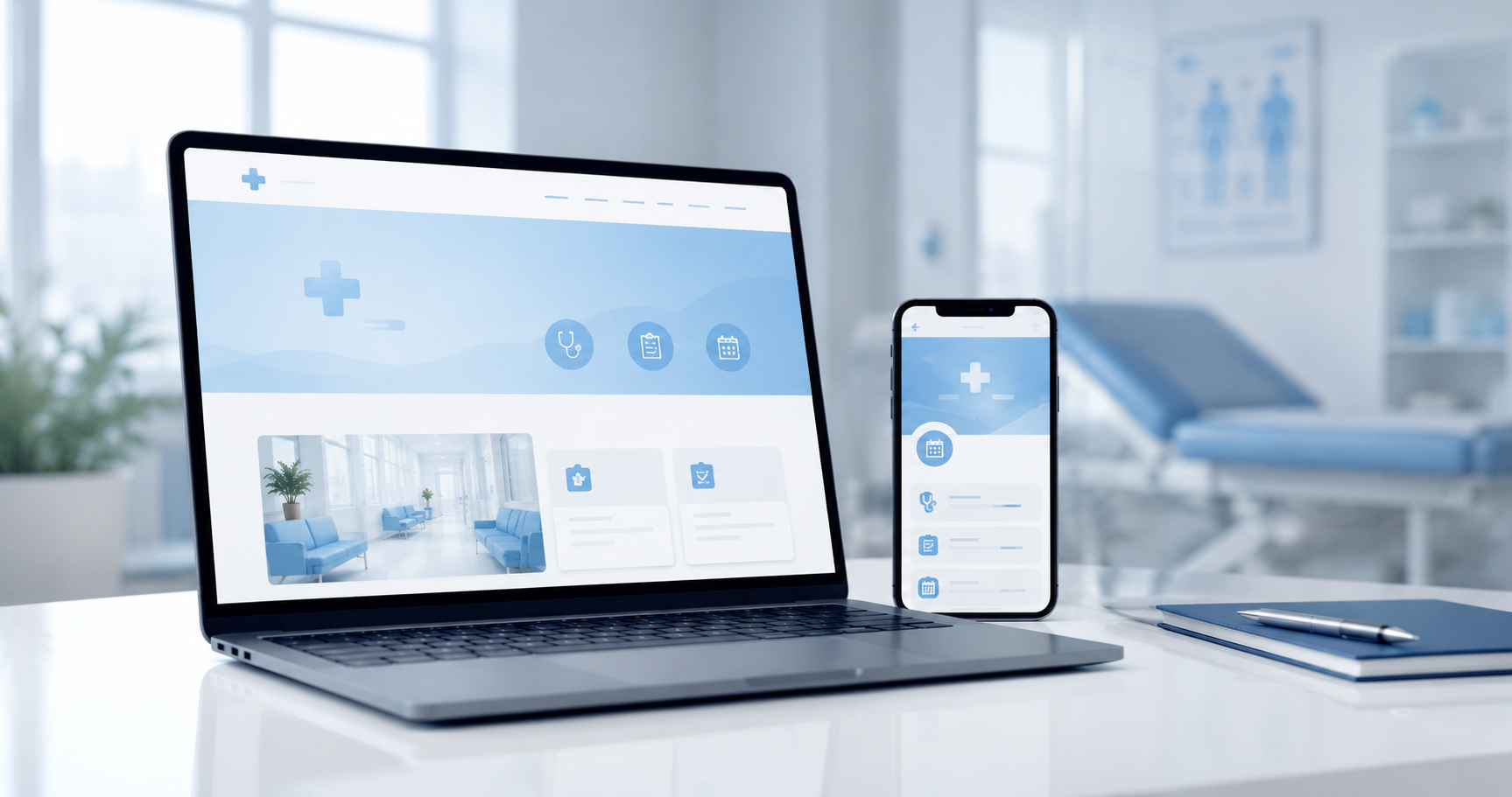 Site para clínica médica. Ilustração de um site profissional de clínica médica sendo acessado em notebook e celular, com elementos de agendamento de consulta e identidade visual clean de saúde.